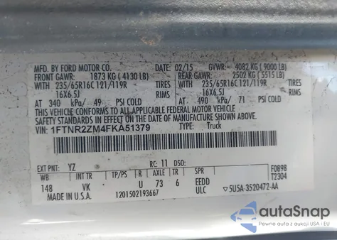 2015 Ford Transit-250 from USA, damaged, VIN 1FTNR2ZM4FKA51379